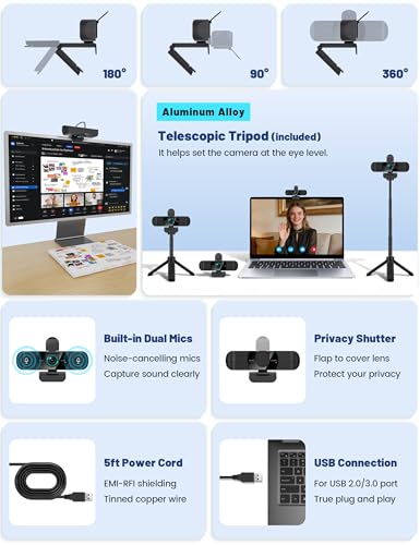 RUWBY Pro HD 1080p Webcam at 30fps with Dual Microphones, External USB Camera for PC/Laptop, Tabletop Tripod Included