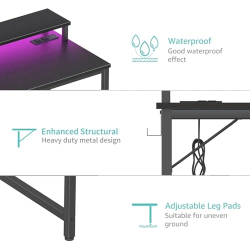 Lufeiya Small Desk with Power Outlets and LED Lights, 32 Inch Teen Writing Study Table Home Office Computer Desks with Monitor Stand, Gaming Desk with Charging Station, Black