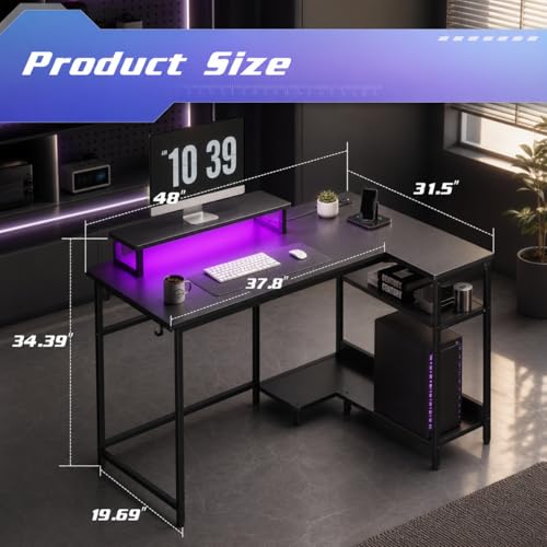 DEVAISE 47" L Shaped Gaming Desk with LED Lights and Power Outlets - Spacious Corner Computer Table with Monitor Stand and Storage Shelves for Work and Gaming, Black