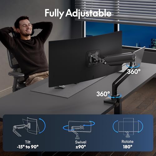 FlexiSpot Ultrawide Monitor Arm, Monitor Stand for 17 to 49 inch Screens Holds up to 44 Lbs, Adjustable Gas Spring Arm with C Clamp & Grommet Base for Gaming Office, 75/100 VESA Mount, Black