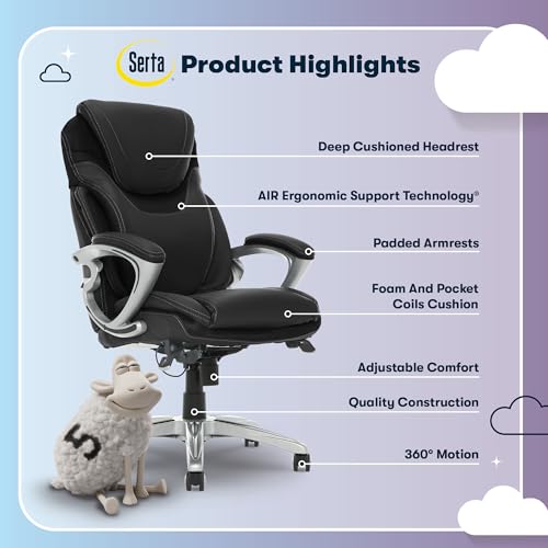 Serta Bryce Executive Office Chair - Ergonomic Computer DeskChair with Lumbar Technology - Adjustable Height - Memory Foam Body Pillows - 360° Swivel Rolling Base - Bonded Leather - Black