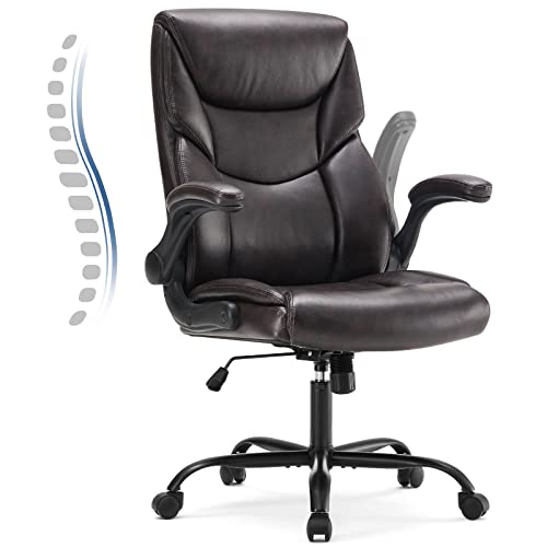 DUMOS PU Leather Office Chair - Ergonomic Executive Computer Desk Chairs with Adjustable Flip-up Armrest, Swivel Task Chair with Lumbar Support, Strong Metal Base,Dark Brown