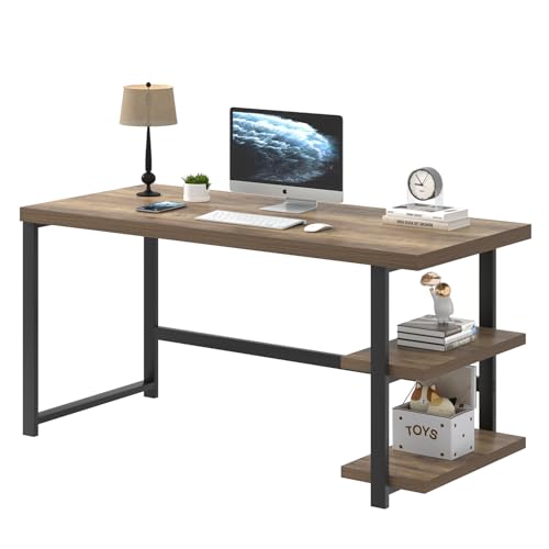 FOLUBAN Computer Desk, Modern Home Office Desk with Storage Shelves, Writing Study Gaming Table for Living Room Bedroom, Rustic Oak, 53 Inch