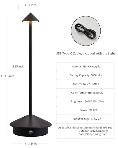 NEWSEE Modern Cordless Table Lamp Set of 2, Portable LED Desk Lamps, 5000mAh Rechargeable Battery Operated Lighting for Bedroom Dining Room Restaurant Coffee Shop Camping Night Light (Black)