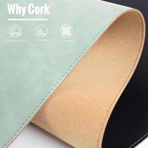 HAUTOCO Cork Desk Mat 31.5"x15.7", Distressed PU Leather & Smooth Cloth Mouse Pad, Non-Slip Large Gaming Desk Pad with Stitching Edges for Office Home, Mint Green