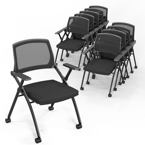 VINGLI 10 Pack Stackable Conference Room Chairs with Wheels, Folding Office Chair with Rebound Back, Padded Seat for Training Room, Guest, Reception, Event, Capacity 350lbs, Black