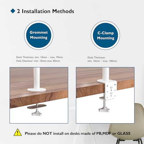 BONTEC Dual Monitor Desk Mount, Full Motion Adjustable White Monitor Stand for 13–27 Inch Screens, Heavy Duty Arms Hold 22 lbs Each, VESA 75x75/100x100, C Clamp and Grommet Base, Cable Management