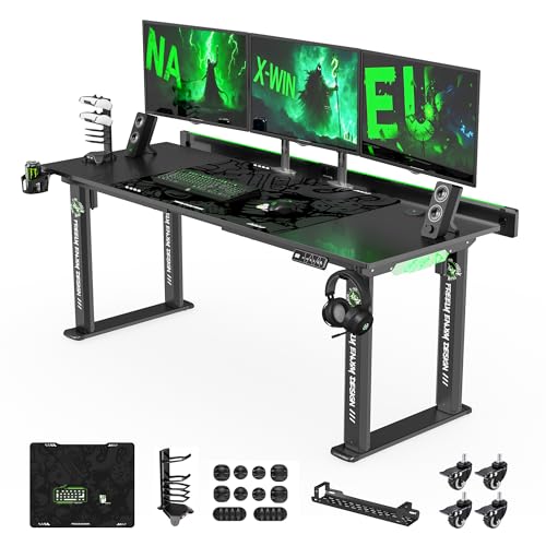 Klobel 71" Gaming Standing Desk for Gamers & Streamers, 4-Leg Electric Sit Stand Desk with LED Lights, Flip-Top Cable Management, Stable Computer Desk with Wheels