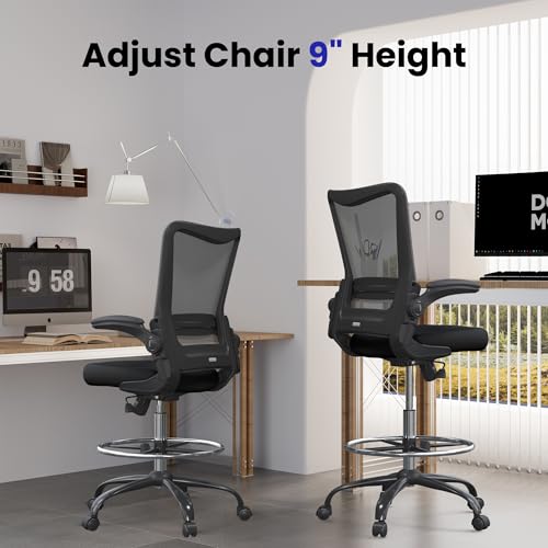 Drafting Chair Tall Office Chair for Standing Desk with Up & Down Flip-Up Armrest, 9” Adjustable Height High Desk Chair with Footrest Ring, 120° Recline Mesh Ergonomic Chair, 300 lbs