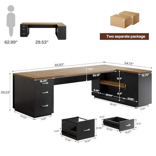 Tribesigns 85.8-Inch L-Shaped Executive Office Desk with File Drawers & Storage Cabinet, Professional Corner Computer Desk Extra Large Business Workstation with Adjustable Shelves (Brown&Black)