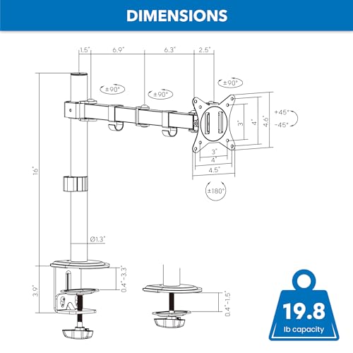 Mount-It! Single Monitor Arm Desk Mount for 17-32 Inch Screens, Holds up to 19.8 lbs, Full Motion Computer Monitor Stand, Steel, Clamp and Grommet Base, VESA 75x75 100x100, Cable Management, Black