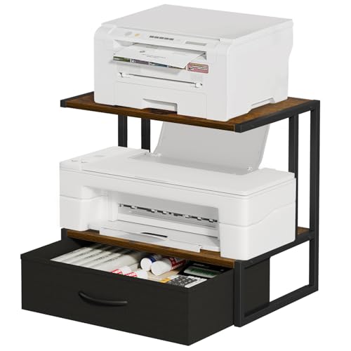 VYUOL Printer Stand with Storage for Desk, with Fabric Drawer Desktop Printer Stand Shelf Organzier for Home Office, for Above and Under Desk Printer Table, Fax Machine Copier Scanner, Brown