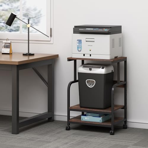 Fannova Printer Table Stand with Height Adjustable Shelf, 3 Tier Rolling Printer Cart with Wheels for Home Office Storage and Organization, Industrial Style