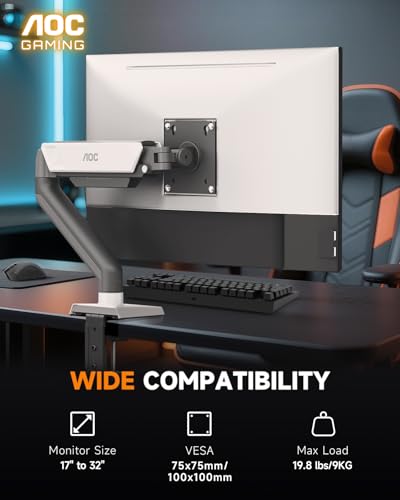 AOC Monitor Mount, Adjustable Single Monitor Arm for 17–32 Inch Screens, Fits 4.4–19.8lbs, Cable Management, VESA 75x75/100x100, C-Clamp & Grommet Base