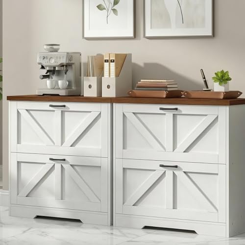 HOOBRO 2 Drawer File Cabinet, Farmhouse Lateral Filing Cabinet for Letter/A4/Legal Size, Large Wooden Office Storage Cabinet, Printer Stand for Home Office, White and Walnut WH48WJ01