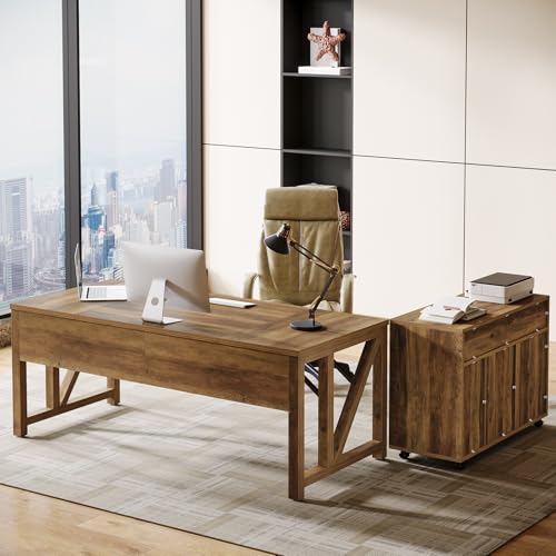 Tribesigns 63" L Shaped Executive Desk & 39" File Cabinet Set, Corner Computer Desk with Ample Storage, Large Industrial Retro Office Desk with Drawers & Shelves, for Home & Business, Rustic Brown