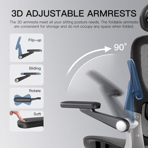 marrap Ergonomic Office Chair, Mesh Desk Chair with 3D Armrests, Adjustable Lumbar Support and Headrest, 90-120° Rocking Function, Black