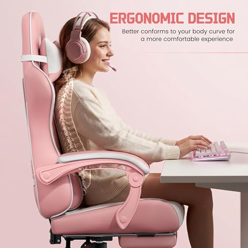 Yaheetech Gaming Chair, Video Game Chair with Massage Lumbar Support and Footrest Height Adjustable Ergonomic Computer Chair with Swivel Seat and Headrest, Pink/White