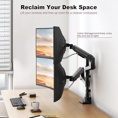 Dual Monitor-Arm Heavy-Duty for 17-49-inch Screens - Premium Vertical Stacked Dual Monitor Arm Desk Mount for Ultrawide Screens up to 44lbs, Fully Adjustability, VESA 75/100 mm, Black