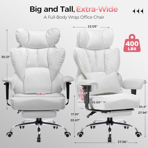 GTPLAYER Big and Tall Gaming Chair 400lbs Heavy Duty Office Chair with Foot Rest & Ergonomic Pocket Spring Lumbar Support, High Back Executive Computer Desk Chair for Lower Back Pain Relief, White