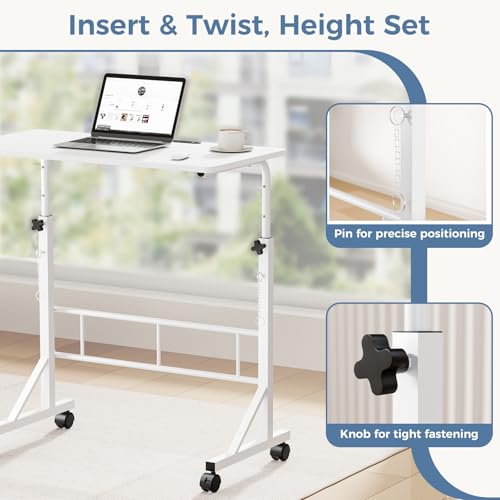 DUMOS 31.5" Adjustable Height Mobile Desk with Locking Wheels & Pin-Lock, Portable Workstation for Walking Pad & Active Home Office, Small Bedroom Desk, White