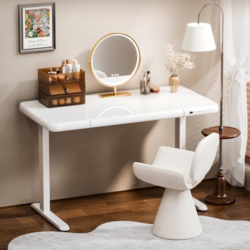 FLEXISPOT Comhar Electric Pure Glass Standing Desk with Drawer Desktop & USB Charge Ports, 48" Ergonomic Height Adjustable Sit to Stand Desk for Home Office (White, Glass)