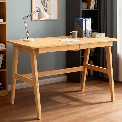 Nnewvante Writing Computer Desk 46" Bamboo Home Office Table with 2 Drawers, Modern Furniture Simple Study Makeup Workstation