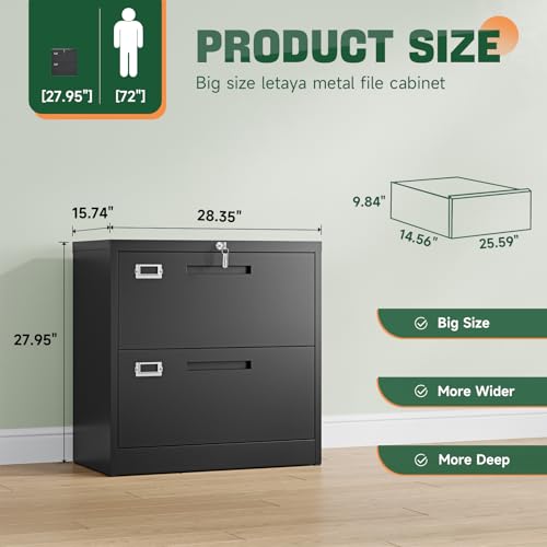 Letaya 2 Drawer File Cabinet with Lock,Metal Lateral Filing Cabinet for Home Office,Hanging Letter/Legal/A4 Size (Black, H27.95×W28.35×D15.74)