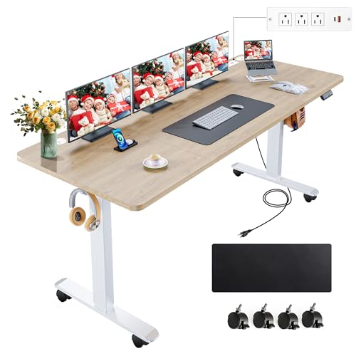 farexon Electric Standing Desk Adjustable Height, 71 x 28in Sit Stand up Desk with Outlets, Mouse Pad,Wheels,3 USB Ports & 3 Power Outlets, Casters, Hooks,4 Memory Preset Heights Home Office,Oak