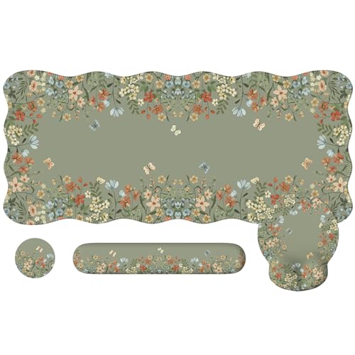 iCasso Desk Mat Set,Large Mouse Pad with Wrist Rest,Ergonomic Keyboard Wrist Support for Women,Girly Floral Computer Mat with Scalloped Edges,Non-Slip Desk Pad Home Office Gaming (Green)