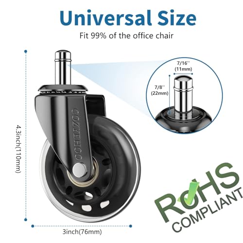 Office Chair Wheels Replacement, Transparent 3 Inch Heavy-Duty Computer Gaming Desk Rubber Casters,Smooth & Silence Gliding for All Floors Including Hardwood Carpet, Set of 5