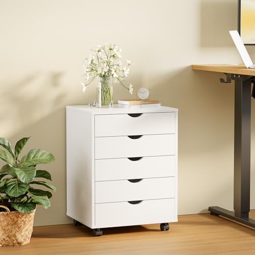Sweetcrispy 5 Drawer Chest Mobile Storage Cabinets Small Wooden Dresser with Wheels Room Organization Furniture for Office Home, Rolling Vertical Organizer for Home Office, White Wood