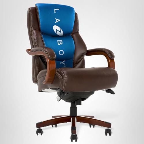 La-Z-Boy Delano Big and Tall Executive Office Chair - Ergonomic Lumbar Support Memory Foam - Bonded Leather Desk Chair for Home Office - Mahogany Wood Arms - Chestnut Brown