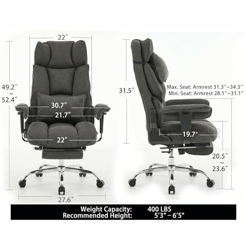 mokodo Big and Tall Office Chair 400lbs, Breathable Fabric Executive Desk Chair with Pocket Spring Cushion, 155° Reclining Computer Chair with Integrated Headrest & Lumbar Pillow (Dark Grey)