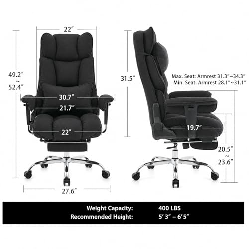 mokodo Big and Tall Office Chair 400lbs, Breathable Fabric Executive Desk Chair with Pocket Spring Cushion, 155° Reclining Computer Chair with Integrated Headrest & Lumbar Pillow (Black)