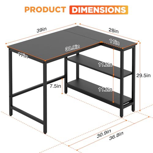 PayLessHere 39 Inch L-Shaped Computer Desk,Gaming Desk with Durable Metal Frame,Corner Desk with Reversible Storage Shelves for Home Office Gaming Study,Black (39 inch)