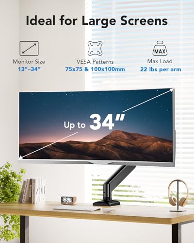 HUANUO Single Monitor Arm 13-34 Inch, Adjustable Gas Spring Arm, Monitor Desk Mount for 4.4-22lbs, VESA 75/100mm with C-Clamp/Grommet Base, Ergonomic Stand for Work/Gaming