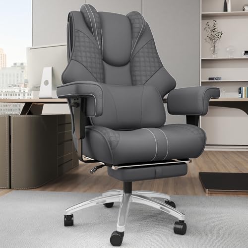 400lbs Big and Tall Office Chair, Wide Ergonomic Leather Executive Chair for Heavy People with Foot Rest, High-Back Reclining Computer Chair with Swivel Wheels and Lumbar Support (Gray)
