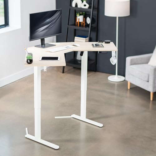 VIVO Electric Corner L-Shaped 47 x 47 in Standing Desk, Memory Height Adjustment, Light Wood Top White Frame, DESK-E1L94C