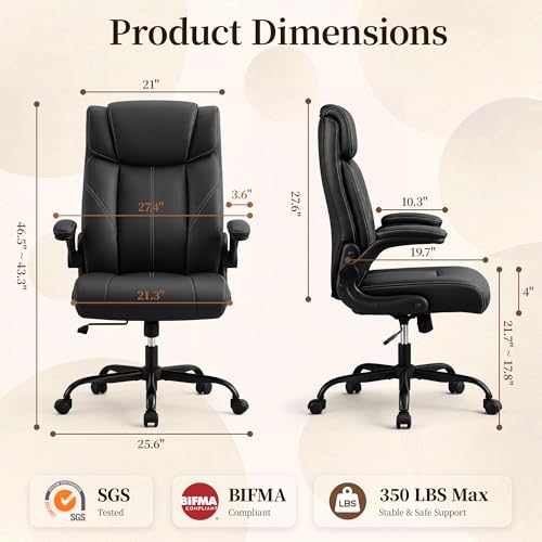 OwgeinSet Office Chair, Leather Ergonomic Computer Desk Chair with Rocking Function, High Back Executive Home Office Chair with Adjustable Flip-up Armrests, Lumbar Support, 360° Swivel, Black