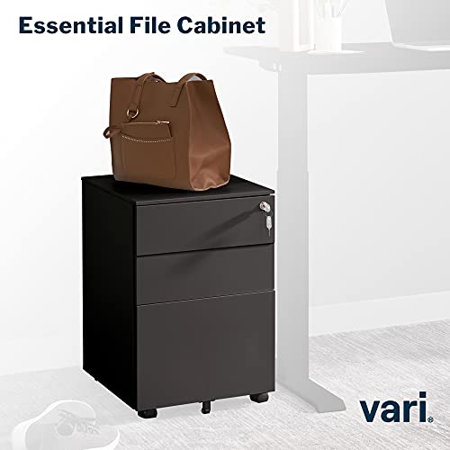 Vari Essential File Cabinet - Home Office Filing Cabinet with Three Drawers for Storage - Metal Storage Cabinet with Roll-and-Lock Caster Wheels & Lockable Top Drawer - Fully Assembled (Black)