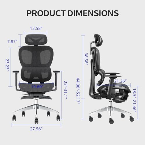 PatioMage Ergonomic Office Chair with Footrest, Big and Tall Desk Chair with Adjustable Lumbar Support, Seat Depth & 3D Armrests, High Back Mesh Computer Chair for Home Office, Black