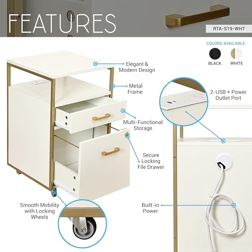 Modern 2-Drawer Rolling File Cabinet with Lock, 2 USB Ports and Power Outlet for Device Charging, Portable File Organizer or Printer Stand for Office or Home with Locking Wheels, White & Gold