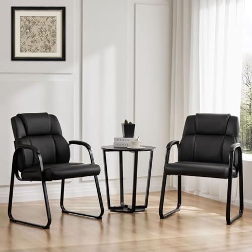UOCFYK PU Leather Conference Room Chair, Tall Back Chairs with with Padded Arms and No Wheels, Guest Chairs of 2 for Reception Waiting Room Black