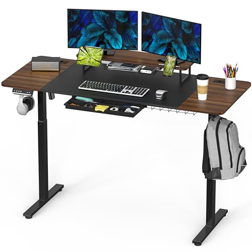 SHW 62-Inch Electric Height Adjustable Standing Desk with Monitor Riser and Drawer, Walnut