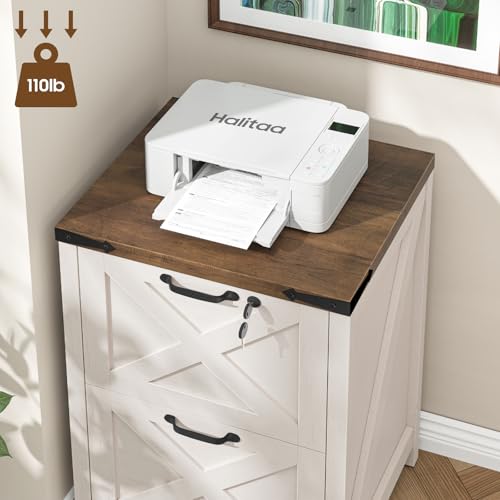 Halitaa 2 Drawer Small File Cabinet with Lock, Farmhouse Vertical Filing Cabinet Fits Letter and A4 Size, Under Desk Wooden File Cabinets for Home Office, Printer Stand, Rustic White
