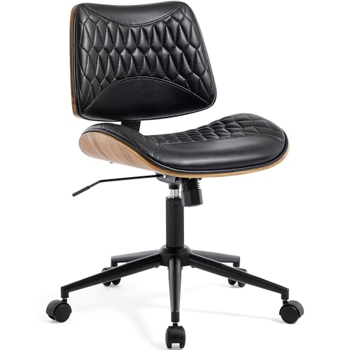 KBEJDBS Walnut Bentwood Mid Back Armless Office Chair 1 Pack, Adjustable Height PU Leather Swivel Desk Chair with Wheels, Rolling Computer Task Chair for Home Office, Study, Meeting Room