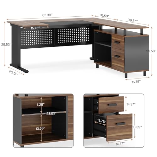 Tribesigns 63 Inch Executive Desk with File Cabinet, Large Office Desk L Shaped Computer Desk with Drawers and Storage Shelves, Business Furniture Desk Workstation for Home Office, Brown and Black