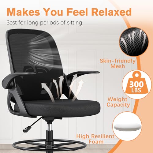 ORRSAKER Drafting Chair, Tall Office Chair with Flip-up Arms, Mesh Ergonomic Computer Standing Desk Chair with Adjustable Height Foot Ring and Lumbar Support, 300 LBS Capacity, Black