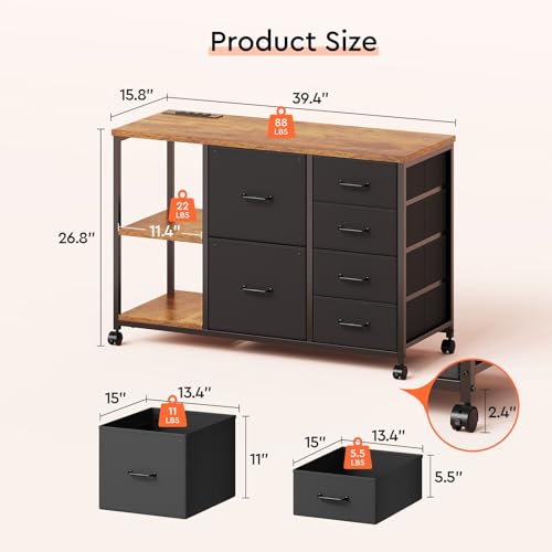 Maihail 6 Drawer File Cabinet with Charging Station Rolling Printer Stand with Open Storage Shelf Fabric Lateral Filing Cabinet for Home Office,Rustic Brown